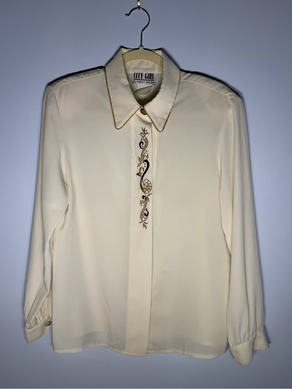 Vintage 80s City Girl Nancy Bolen Ivory Embroidered Blouse Gold Black